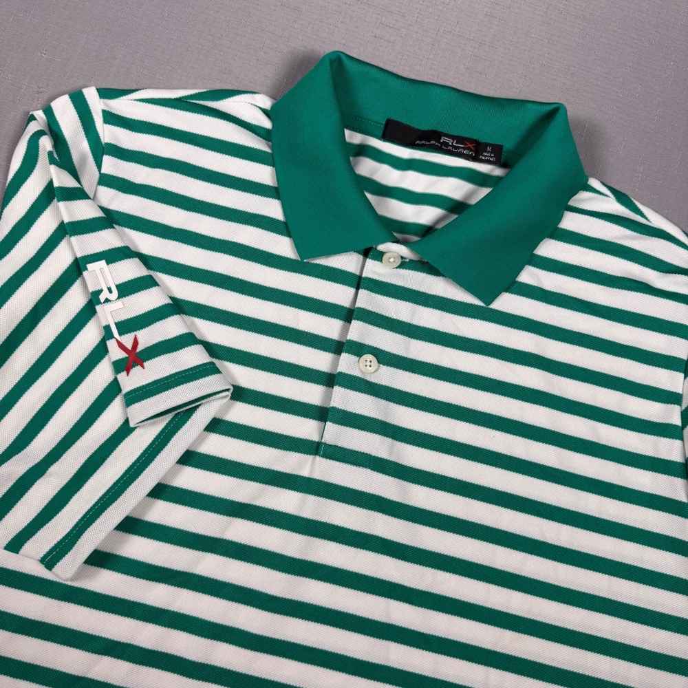 RLX Ralph Lauren Mens Green White Striped Golf Polo Shirt Size M